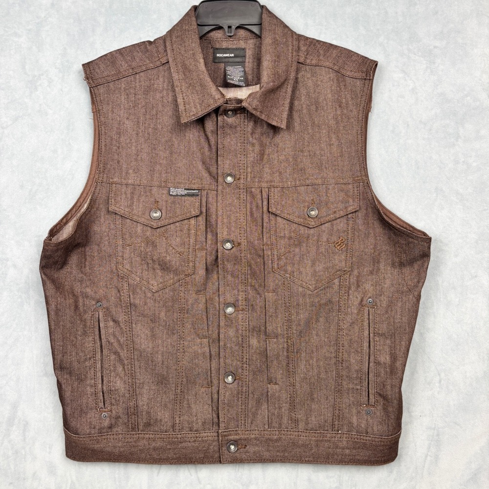 Rocawear Mens Brown Denim Trucker Vest Size 44 Heavyweight Cotton Streetwear